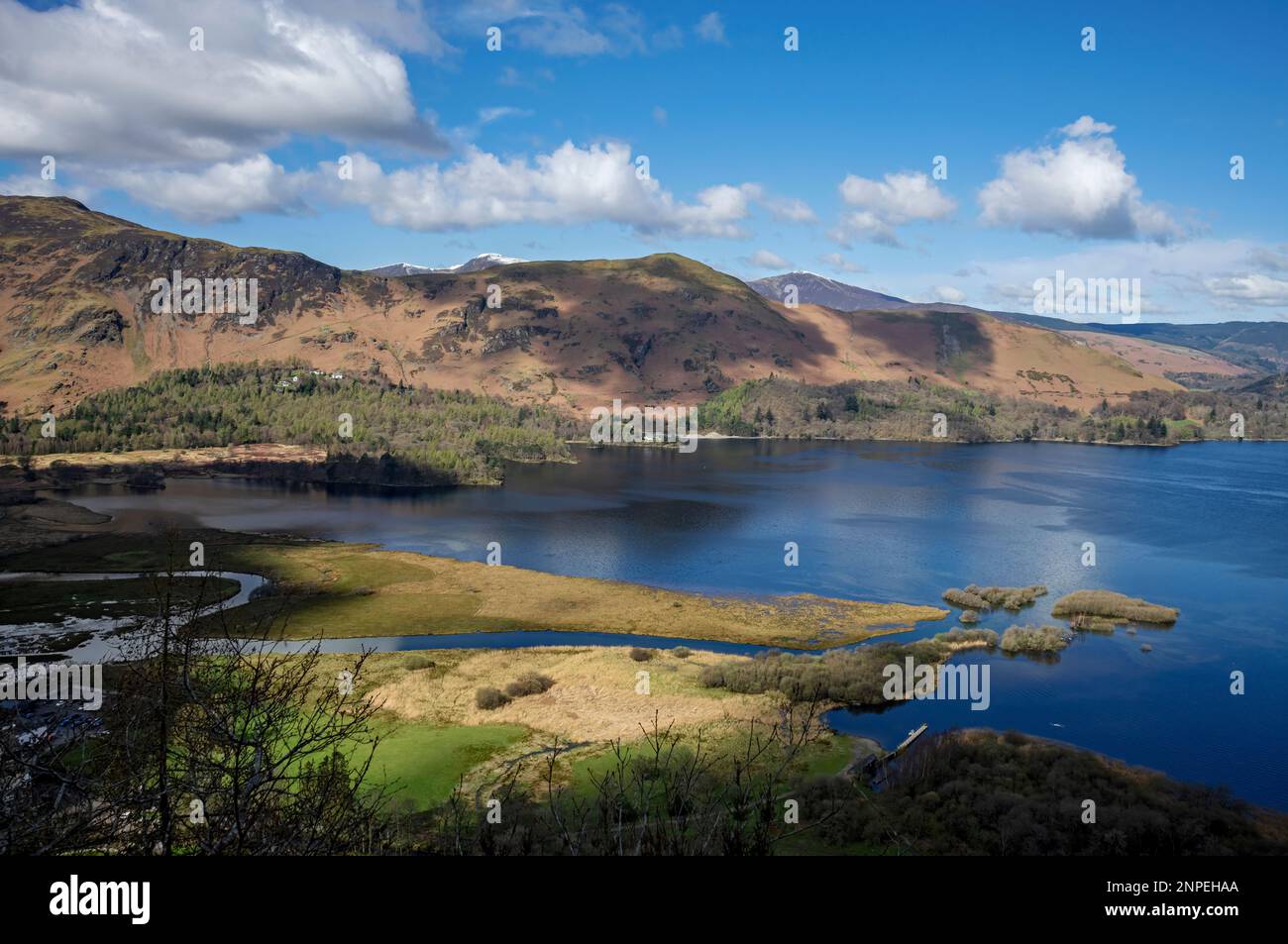 Looking from Surprise View across Derwentwater towards Catbells Hause Gate and Maiden Moor in spring late winter. Stock Photo