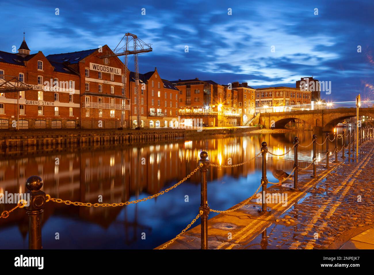 Night falls at the Ouse Bridge in York. Stock Photo