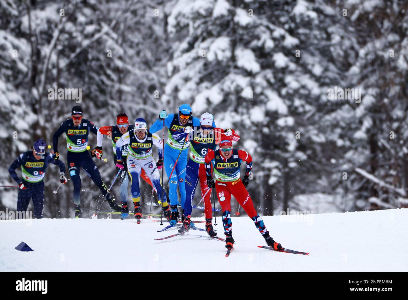Planica, Slovenia. 26th Feb, 2023. Nordic skiing: World Championships, cross-country skiing - team sprint freestyle, men. Paal Golberg from Norway in front in action. Credit: Daniel Karmann/dpa/Alamy Live News Stock Photo