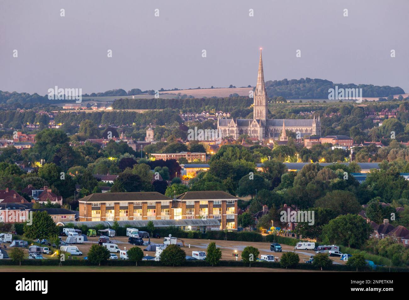 Summer dawn in Salisbury seen from Old Sarum. Stock Photo