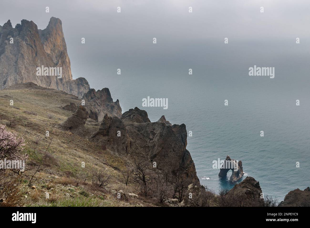 Top view of Golden Gate rock in the Black sea. Karadag Reserve in early ...