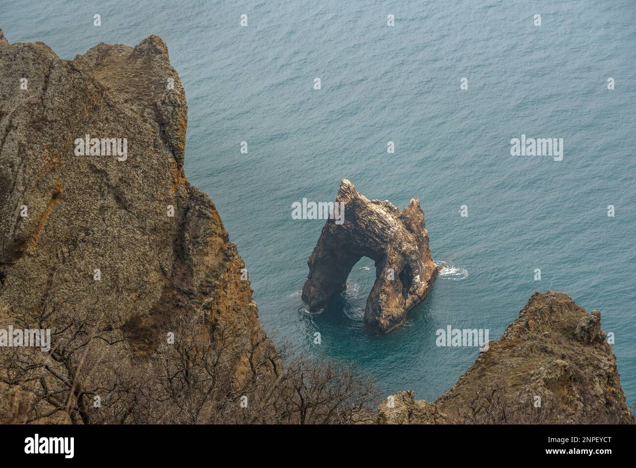 Top view of Golden Gate rock in the Black sea. Karadag Reserve in early ...