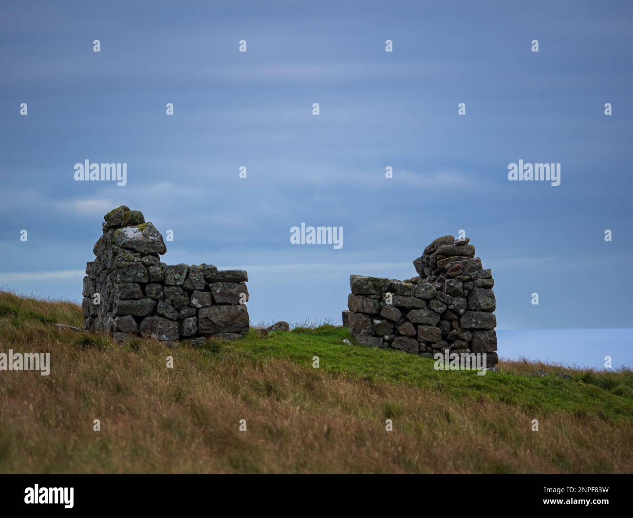 Stone walls for protection against the wind on the Kalsoy Island, Faroe ...