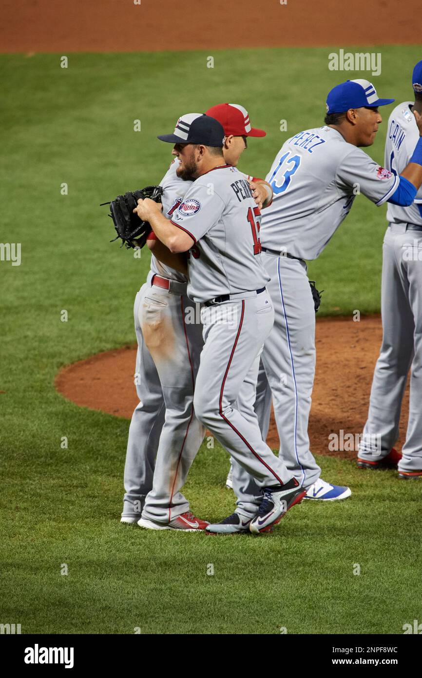 Minnesota Twins Brian Dozier hugs Los Angeles Angels Mike Trout after  closing out the MLB All-Star Game on July 14, 2015 at Great American Ball  Park in Cincinnati, Ohio. (Mike Janes/Four Seam