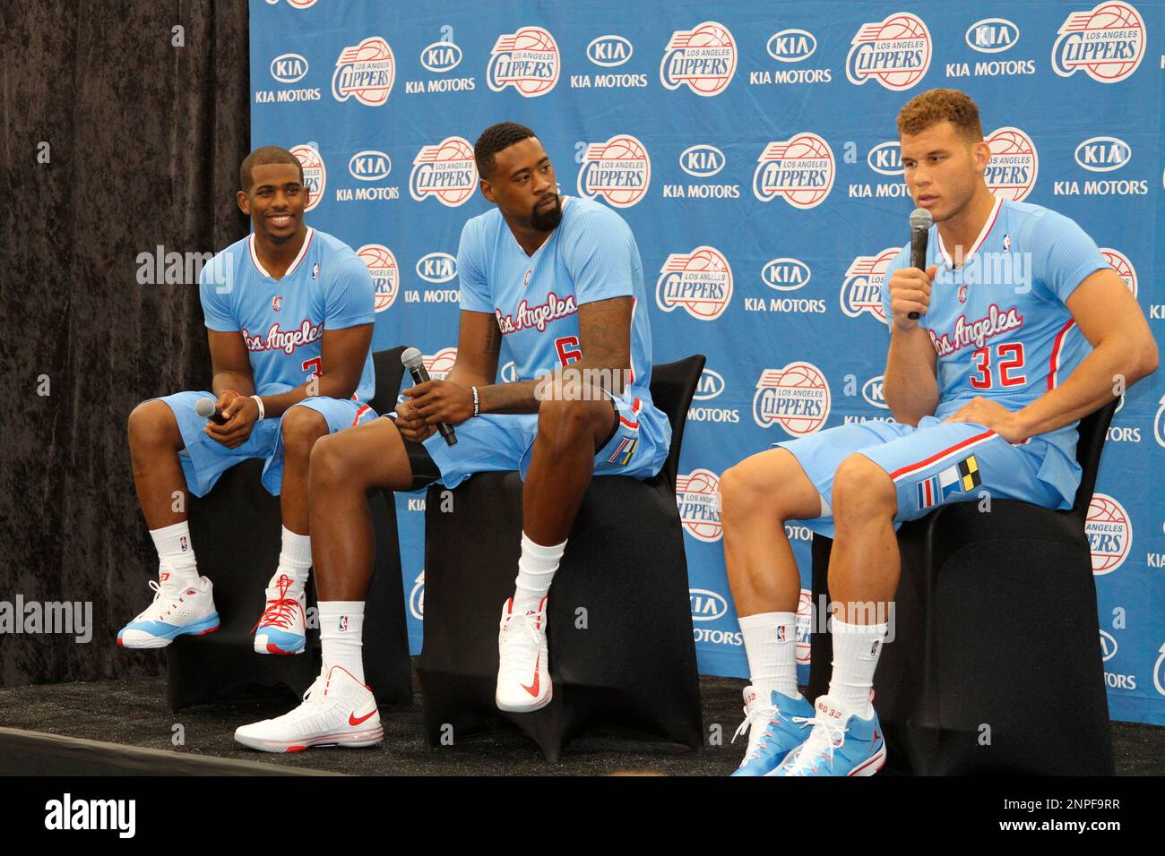 Chris Paul DeAndre Jordan and Blake Griffin talk to the press at Clippers Media Day Sept. 30 2013 in Playa Del Rey Calif. Kevin Reece via AP Stock Photo Alamy