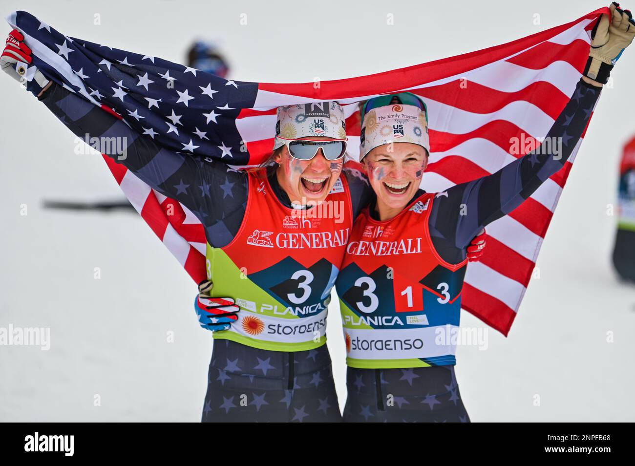 Planica, Slovenia. 26th Feb, 2023. Americans Julia Kern, left, and Jessie Diggins celebrate after taking the bronze medal in the team sprint at the 2023 FIS World Nordic Ski Championships in Planica, Slovenia, February 26, 2023. The two have been teammates, friends and roommates on the World Cup ski circuit for eight years. John Lazenby/Alamy Live News Credit: John Candler Lazenby/Alamy Live News Stock Photo