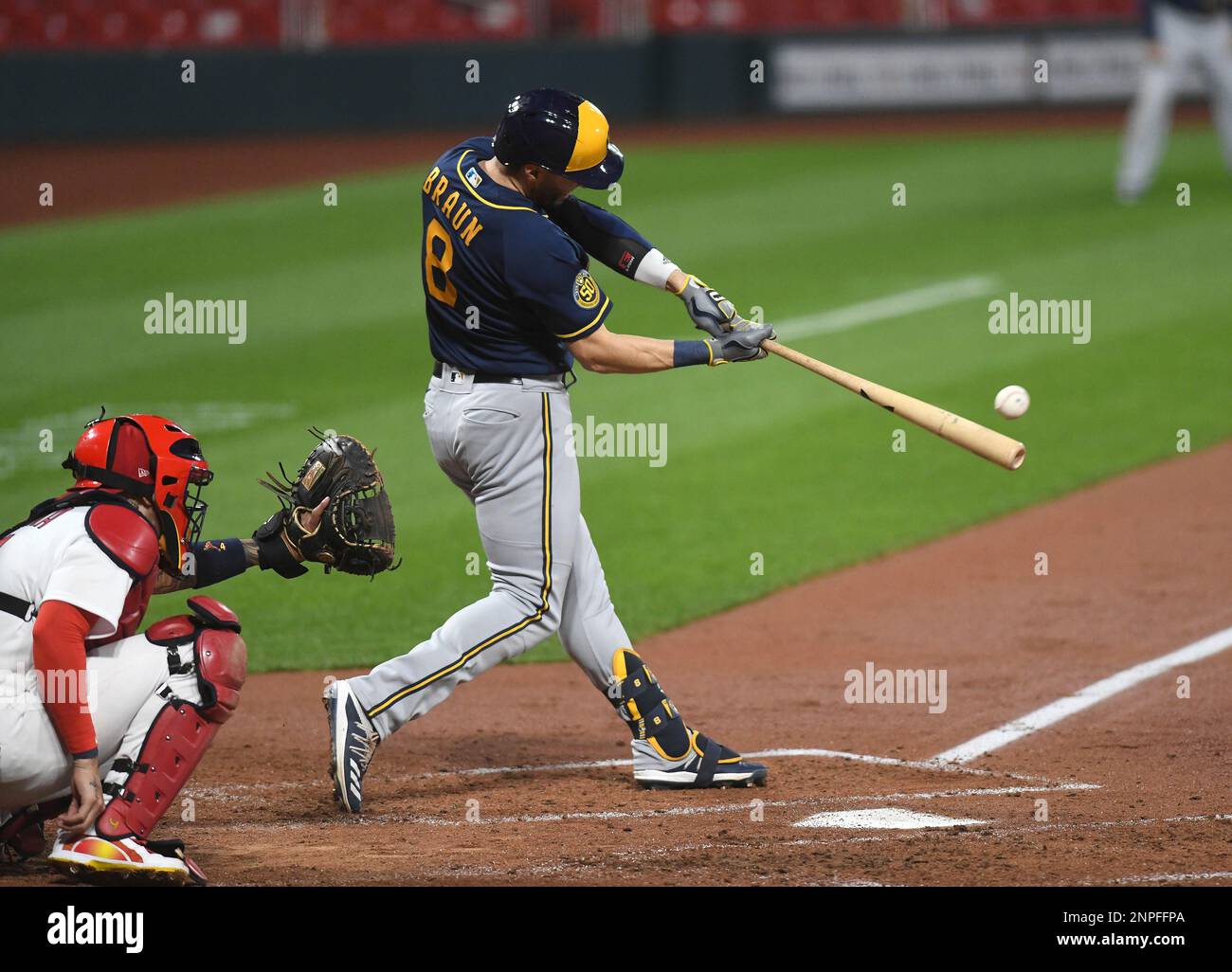 ST. LOUIS, MO - SEPTEMBER 24: Milwaukee Brewers outfielder Ryan Braun (8)  singles during a Major League Baseball game between the Milwaukee Brewers  and the St. Louis Cardinals on September 24, 2020