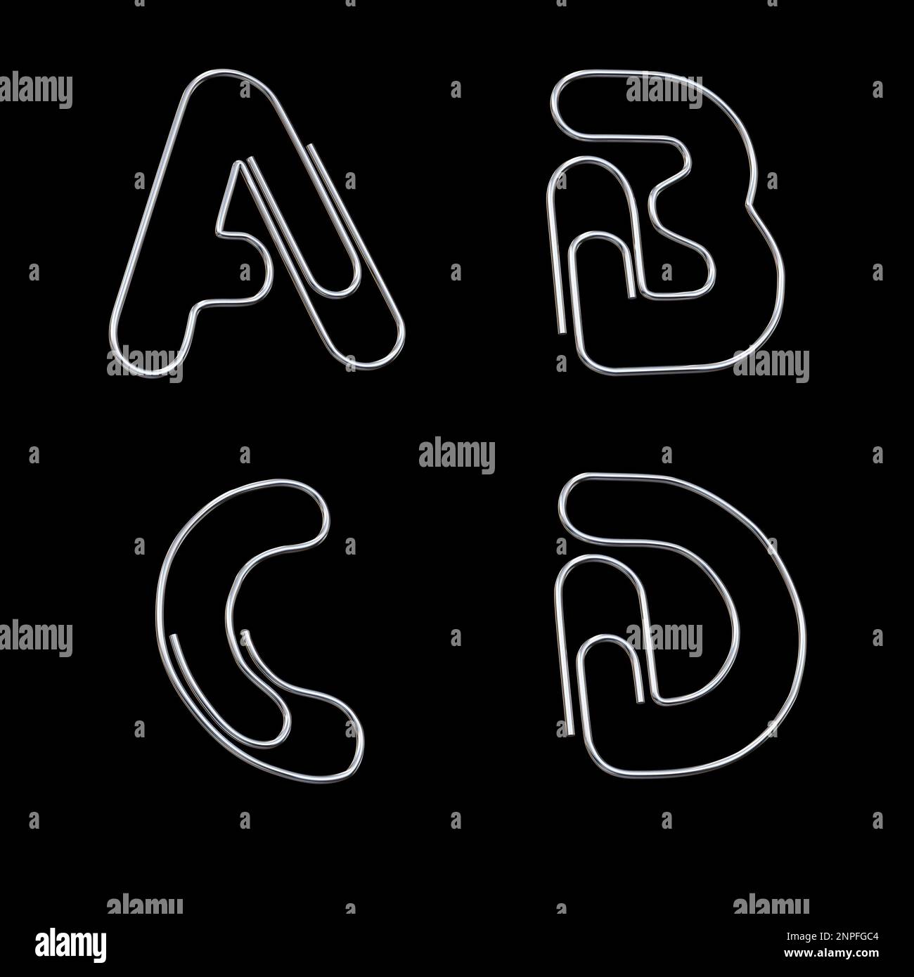 3d rendering of metal paper clip alphabet - letters A-D Stock Photo