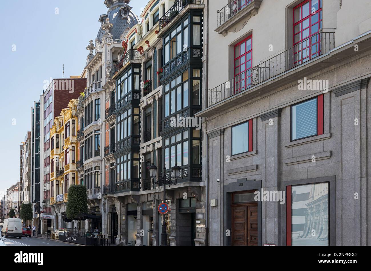 A lively and colorful plaza in the heart of Oviedo, Spain featuring beautiful Art Nouveau architecture from centuries past. Stock Photo