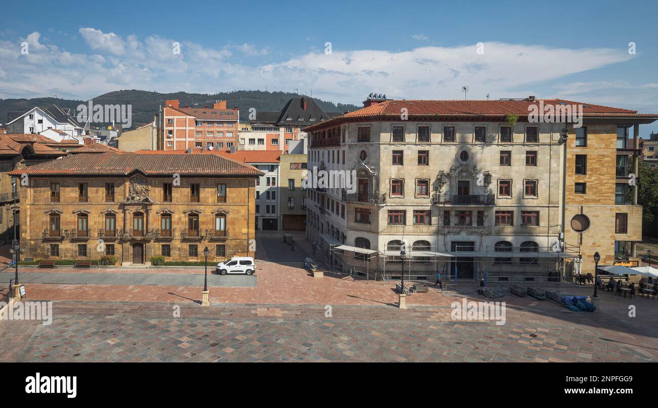 A breathtaking aerial view of Asturias capital, Oviedo, featuring Alfonso II El Castro Square with its grand architecture and stunningly built structu Stock Photo