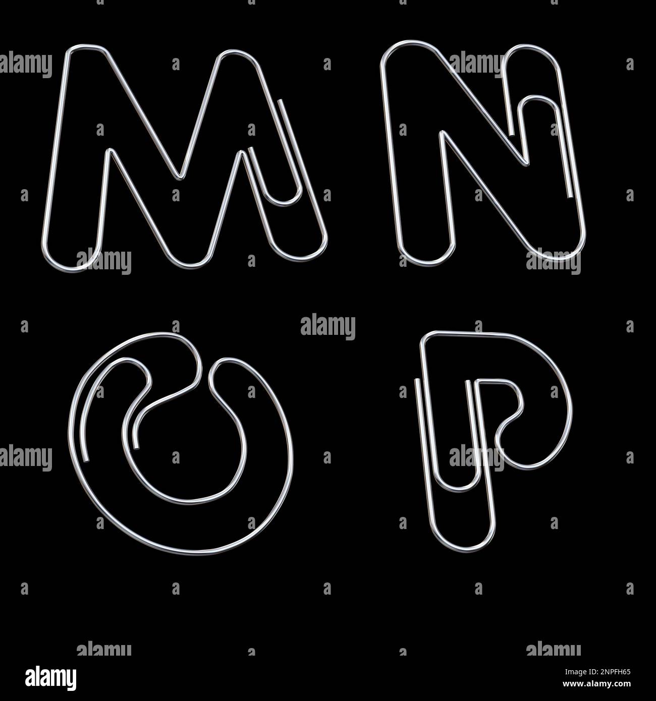 3d rendering of metal paper clip alphabet - letters M-P Stock Photo