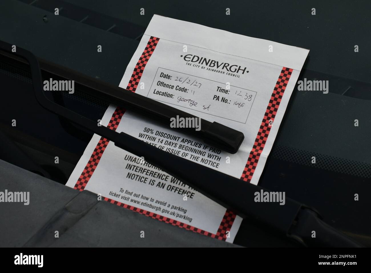 Edinburgh Scotland, UK 26 February 2023. Parking ticket in Street. credit sst/alamy live