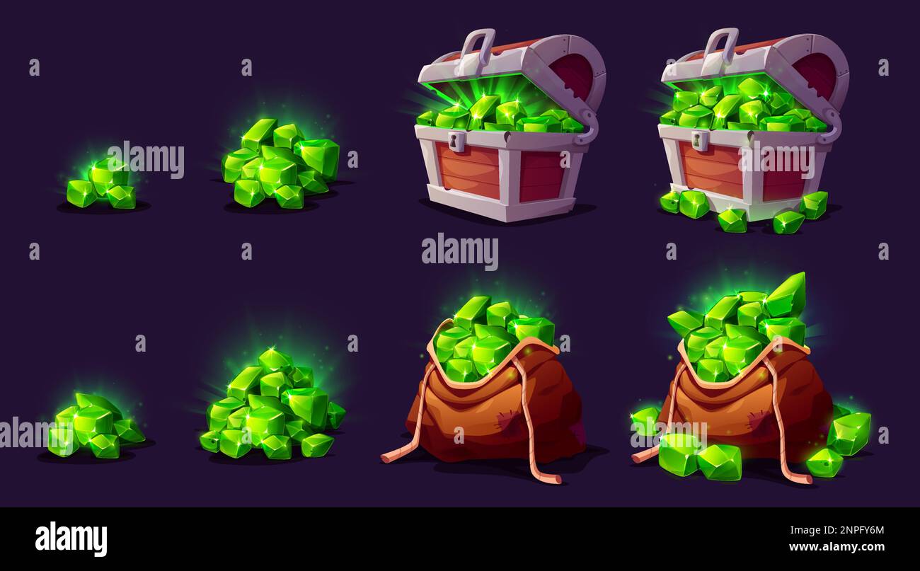 Set of gemstone pile, treasure chest and sack full of green mineral