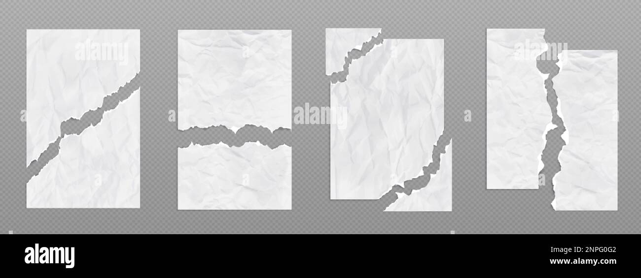 Crumpled torn paper sheets with uneven edges. Ragged blank pages with wrinkles and ripped