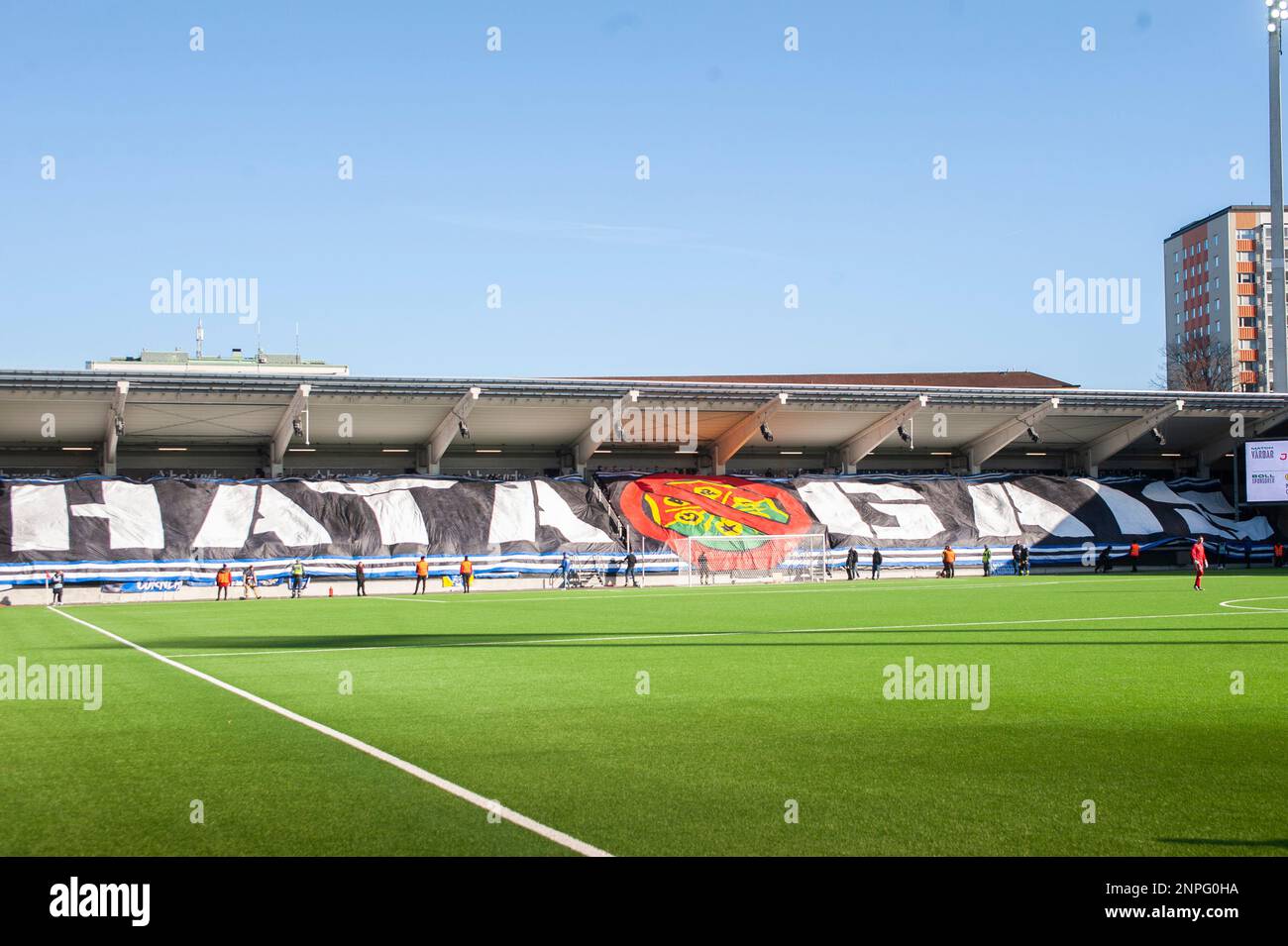 Gothenburg, Sweden. 26th Feb 2023. Fans of IFK Goteborg with a tifo during the Swedish Cup Group Stage match between GAIS and IFK Goteborg on February 26, 2023 in Gothenburg. Credit: Oskar Olteus / Alamy Live News Stock Photo