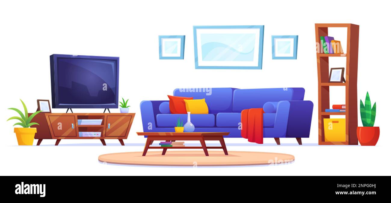 Home interior with furniture and tv. Living room with blue sofa, television set on stand, coffee