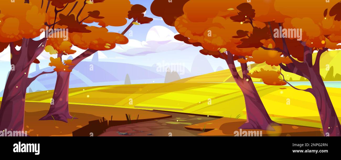 Autumn landscape with farm fields, forest and river. Rural scene ...
