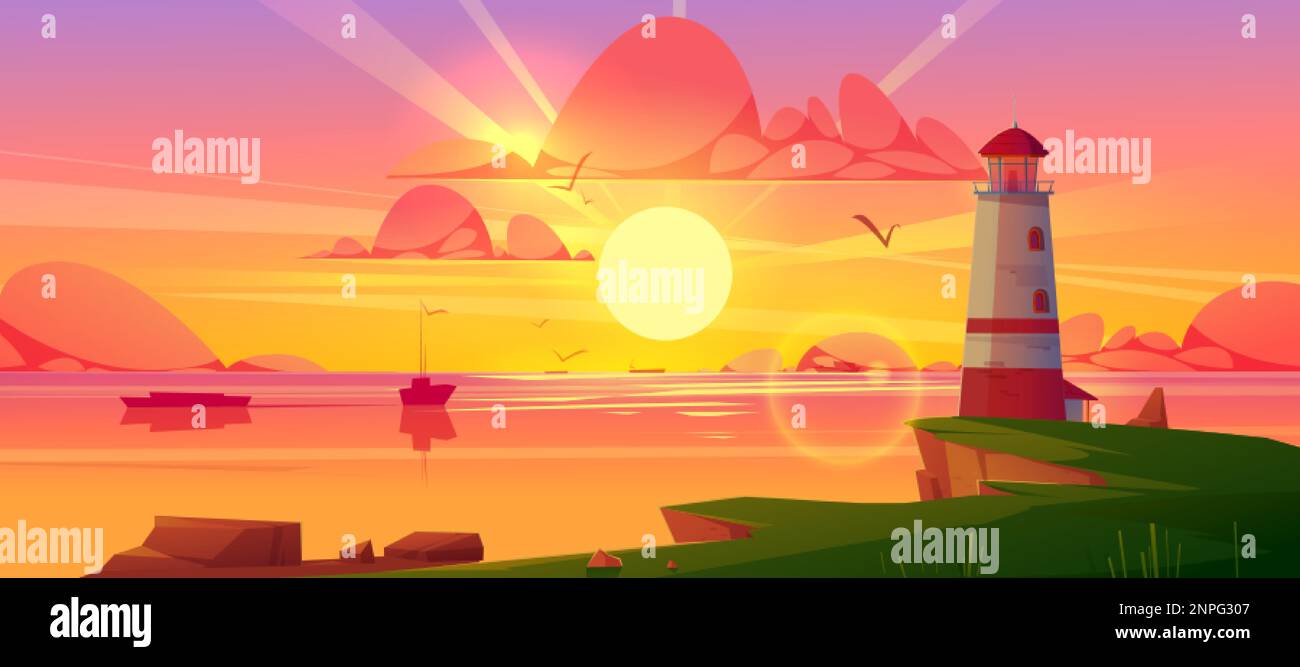 Lighthouse on sea coast. Summer sunset landscape of ocean beach with ...