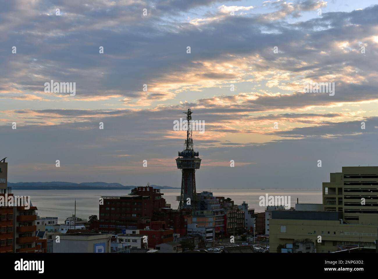 A picture taken on Sep.20, 2020 shows the Beppu Tower in Beppu, Oita  Prefecture. 90-meter-tall tower built in 1057 to be the centerpiece of the  Beppu Onsen was designated as Tangible Cultural