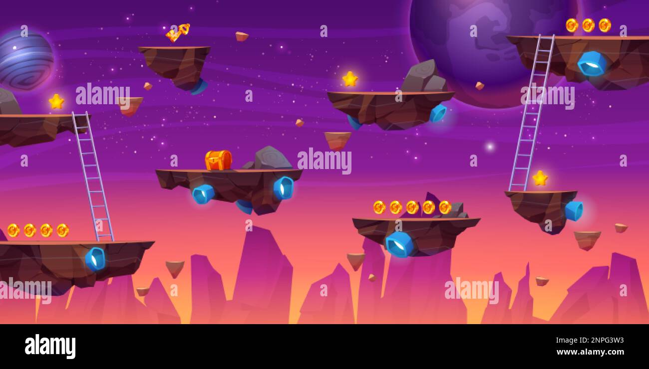 Flying rock islands vector game space background landscape. Cartoon ...