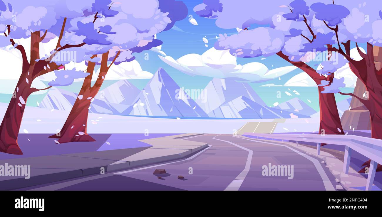 Mountain valley winter landscape with highway road, forest, snowy trees and white fields. Nature scene with empty asphalt road, rocks on skyline, clou Stock Vector