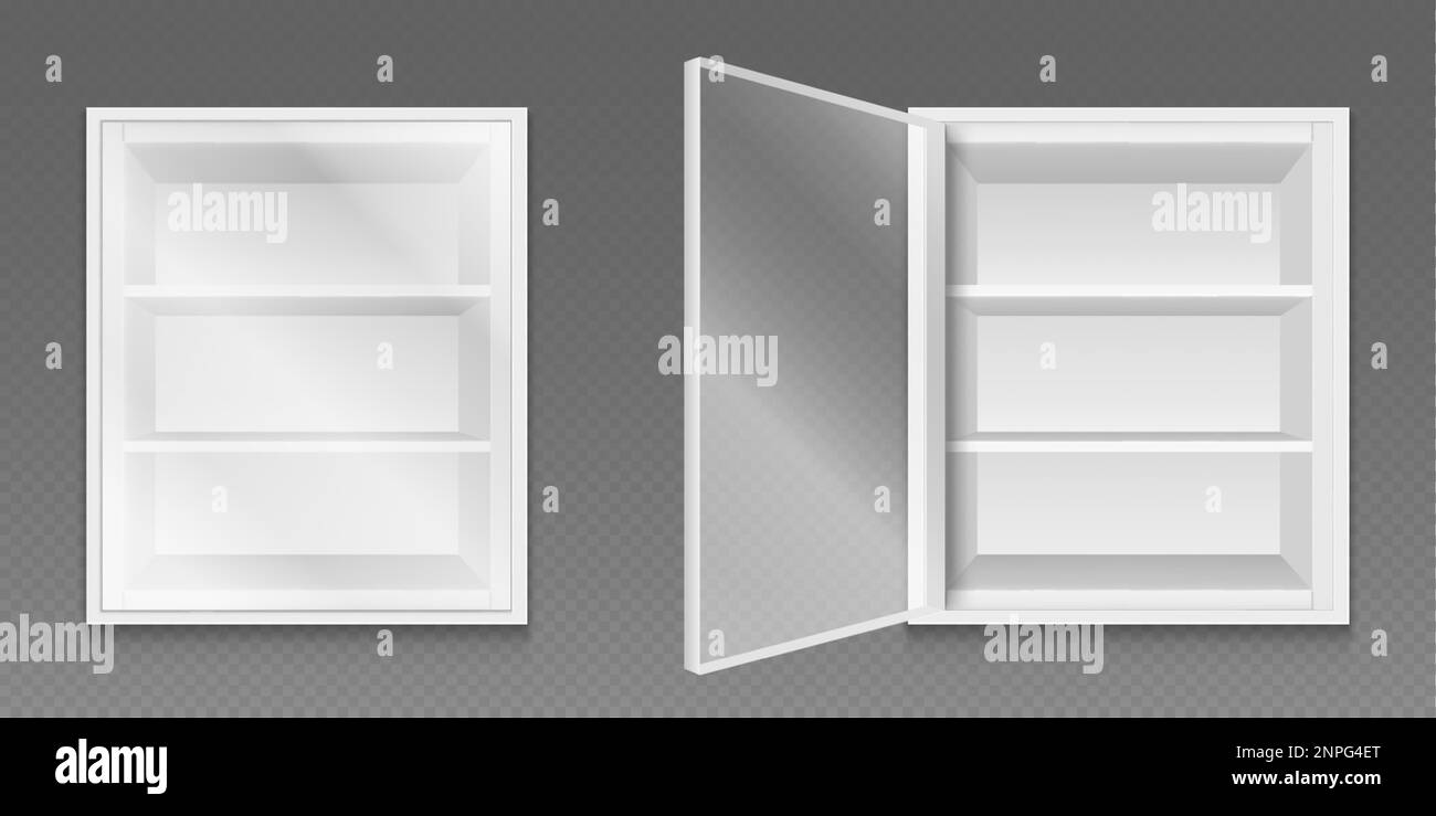 Realistic medicine cabinet isolated illustration. 3d first aid cupboard with shelf. Medical box on wall for bathroom. Pills and drug medicament contai Stock Vector