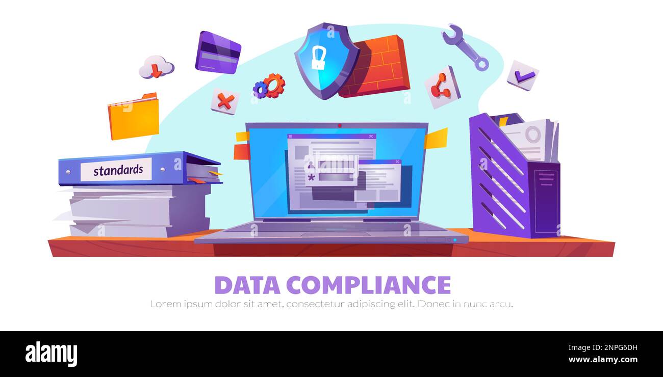 Data compliance cartoon banner template. Vector illustration of laptop