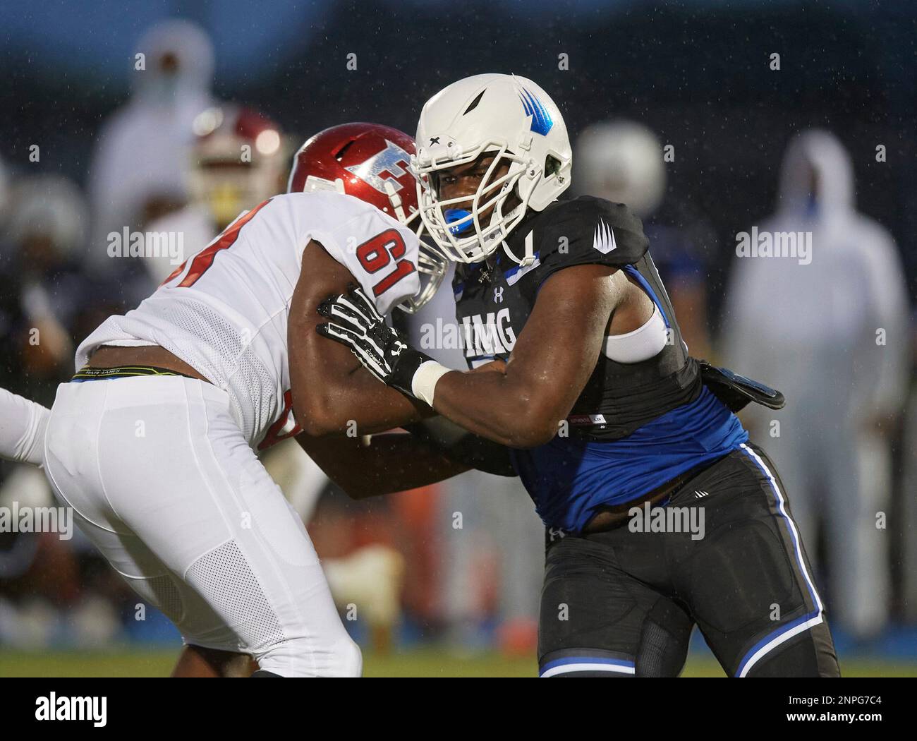 IMG Ascenders defensive end Marlin Dean (56) rushes against offensive tackle  Dante Finley (61) during a Varsity football game against the Edgewater  Eagles on Sep.,17, 2020 in Bradenton, Florida. (Mike Janes/Four Seam