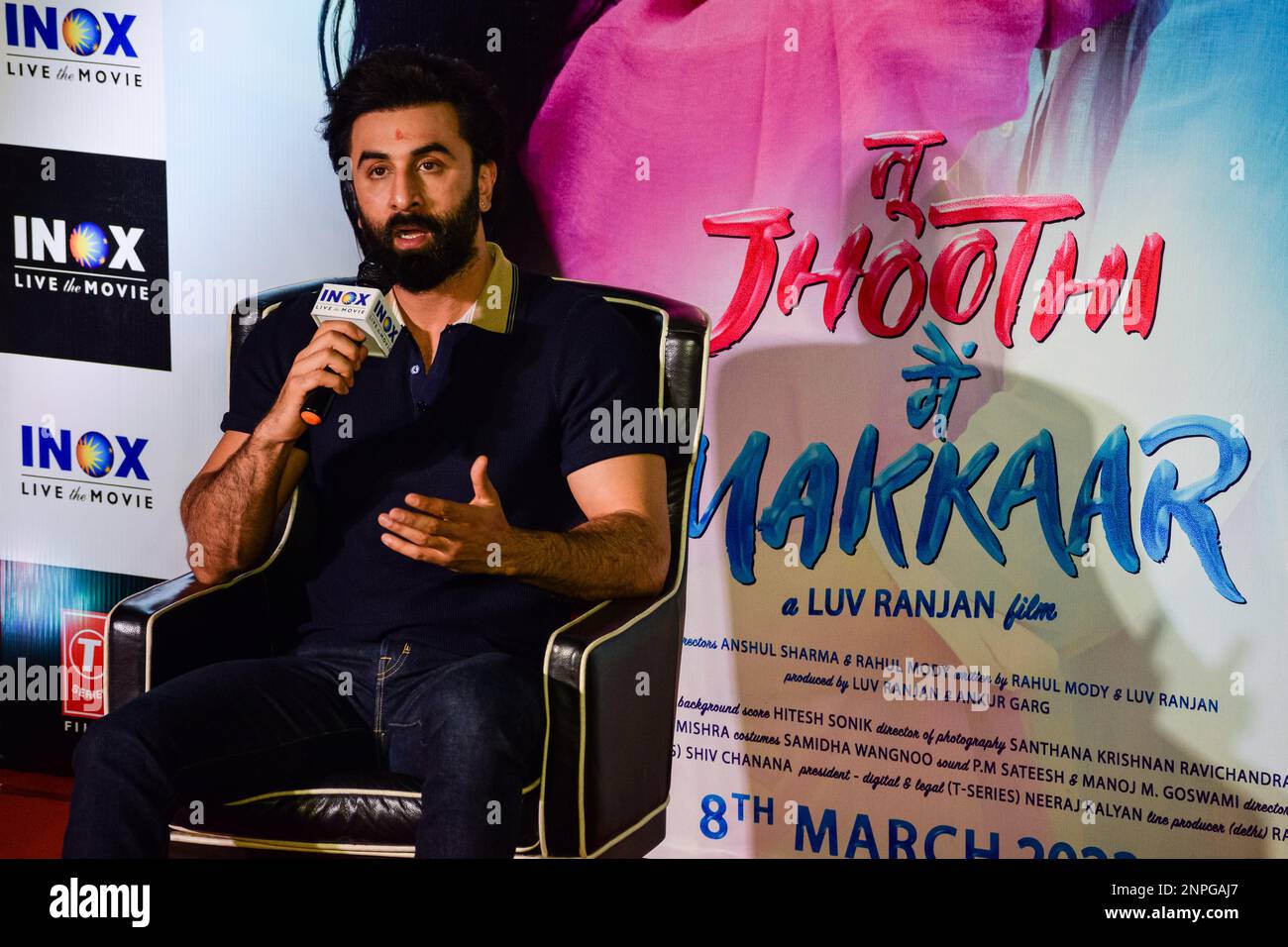 Kolkata, India. 26th Feb, 2023. Bollywood actor Ranbir Kapoor gestures as he speaks to the media during a promotional event of his upcoming film Tu Jhoothi Main Makkaar, in Kolkata on February 26, 2023. The 2023 Indian Hindi-language film, directed by Luv Ranjan, is going to be released on March 08, 2023. (Photo by Sankhadeep Banerjee/NurPhoto) Credit: NurPhoto SRL/Alamy Live News Stock Photo