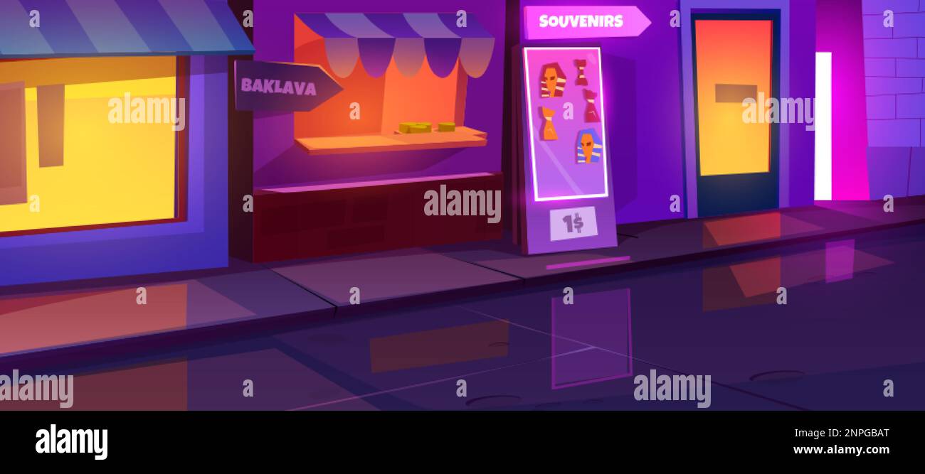 Night city street view with neon light from souvenirs and baklava shop ...