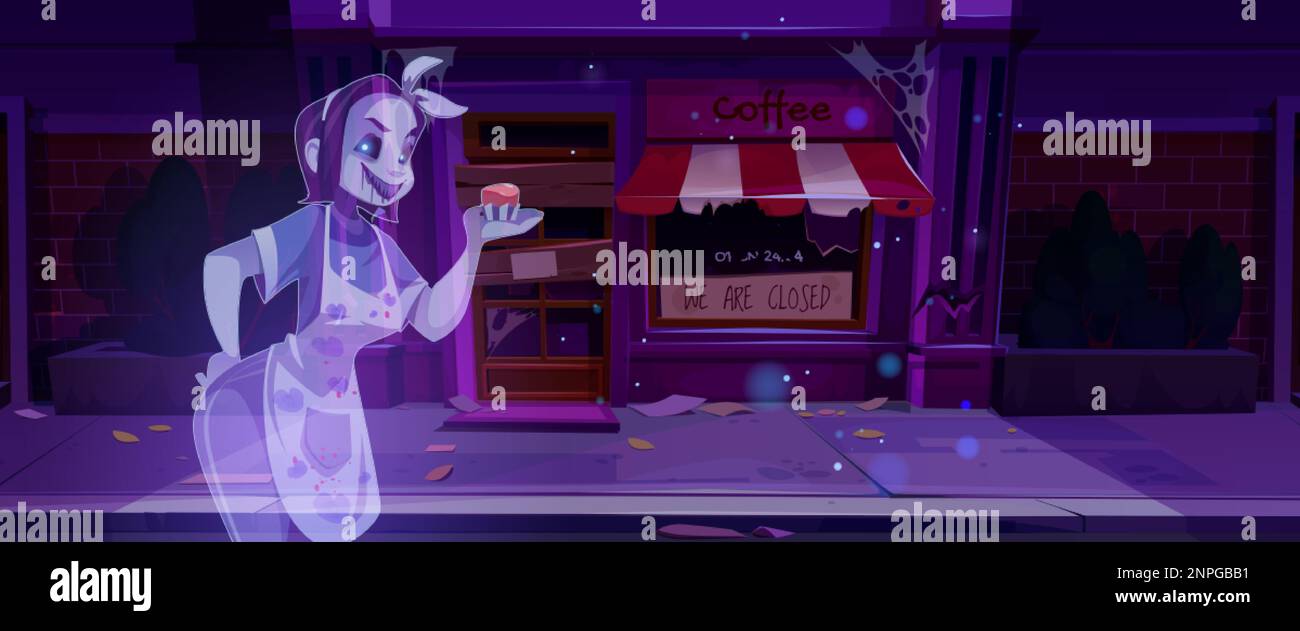 Scary ghost near abandoned coffee shop cartoon game background. Spooky broken city bakery