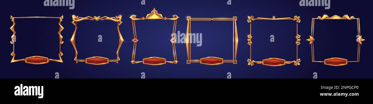 Cartoon set of square golden game rank frames isolated on background ...