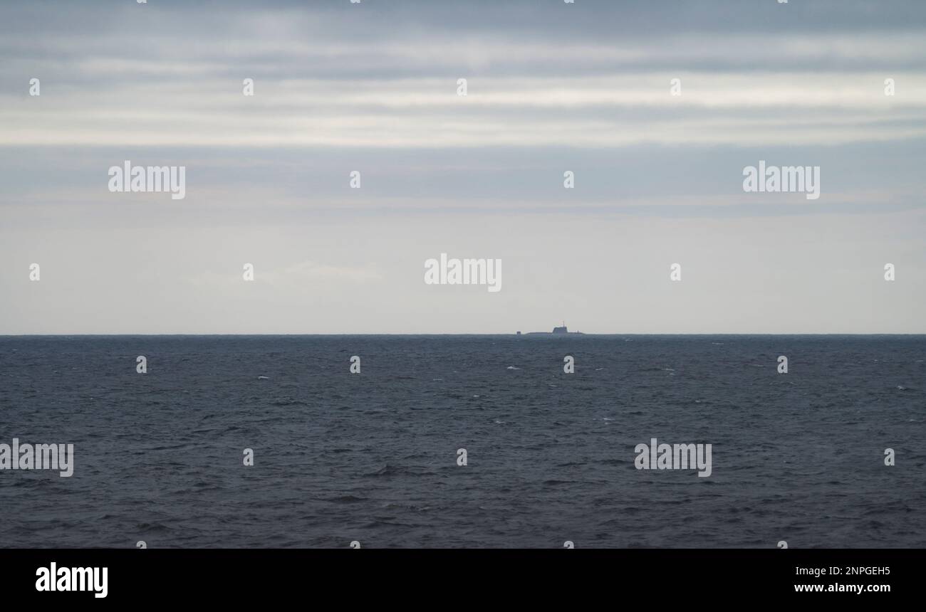 HMS Anson (S123) departing BAE Systems in Barrow-in-Furness (England) on her maiden voyage to Faslane, Scotland. Stock Photo