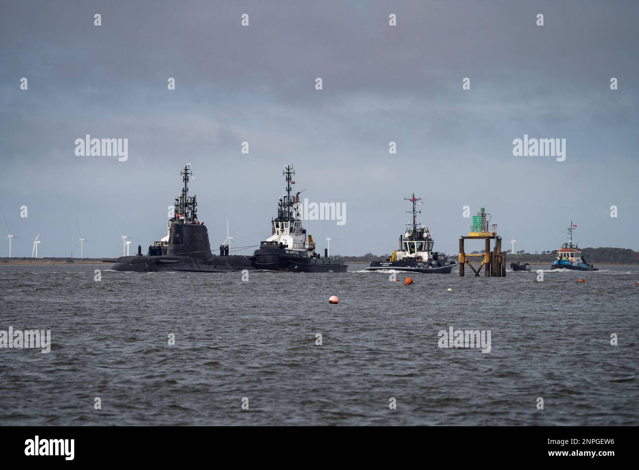 HMS Anson (S123) departing BAE Systems in Barrow-in-Furness (England) on her maiden voyage to Faslane, Scotland. Stock Photo