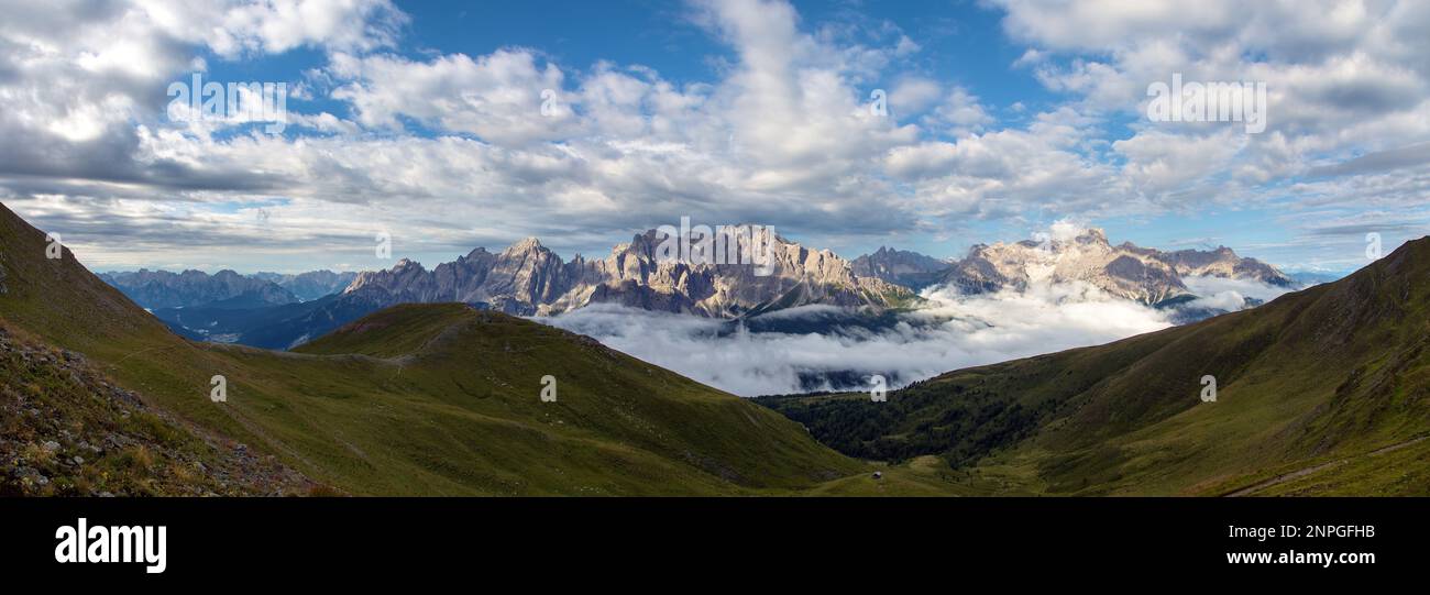 panoramic view of the Sexten dolomites mountains or Dolomiti di Sesto from Carnian Alps mountains, Italy Stock Photo