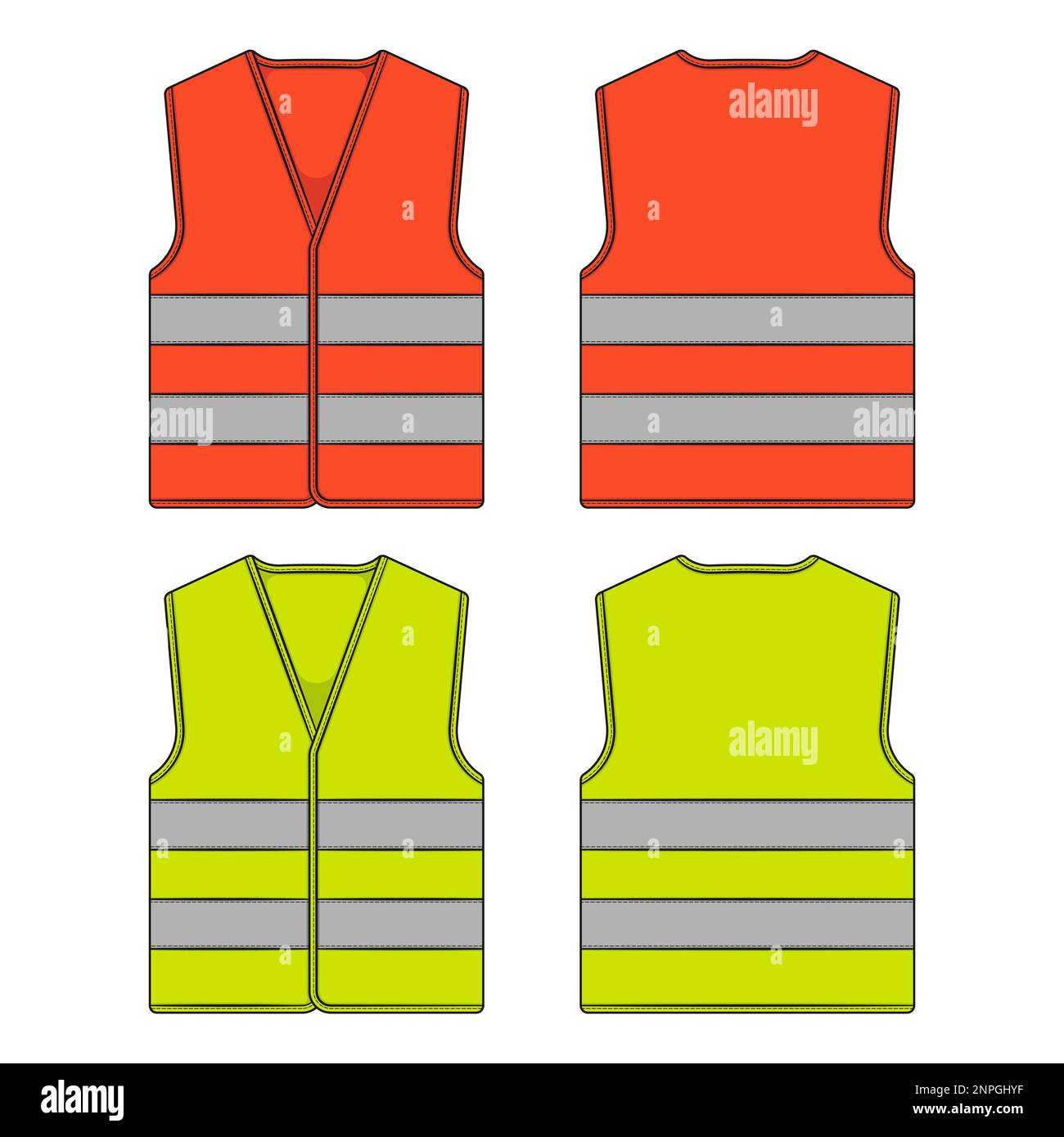Set of color illustration with protective vest with reflective stripes. Isolated vector objects on a white background. Stock Vector