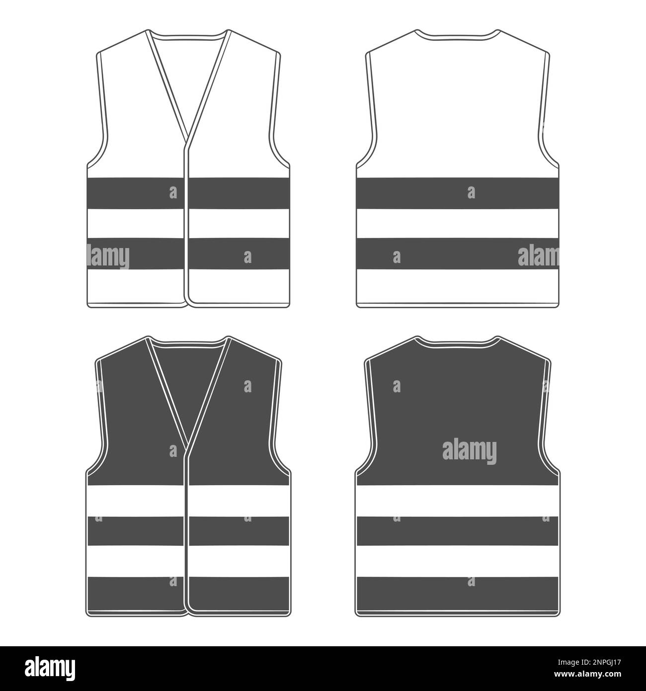 Set of black and white illustration with protective vest with reflective stripes. Isolated vector objects on a white background. Stock Vector