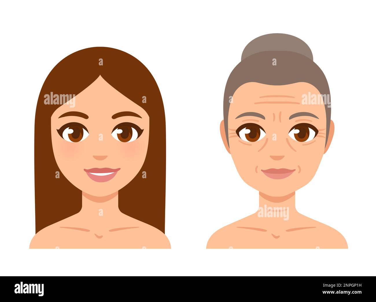 Young girl and old woman with gray hair and wrinkles. Aging process and female health. Cartoon style vector illustration. Stock Vector