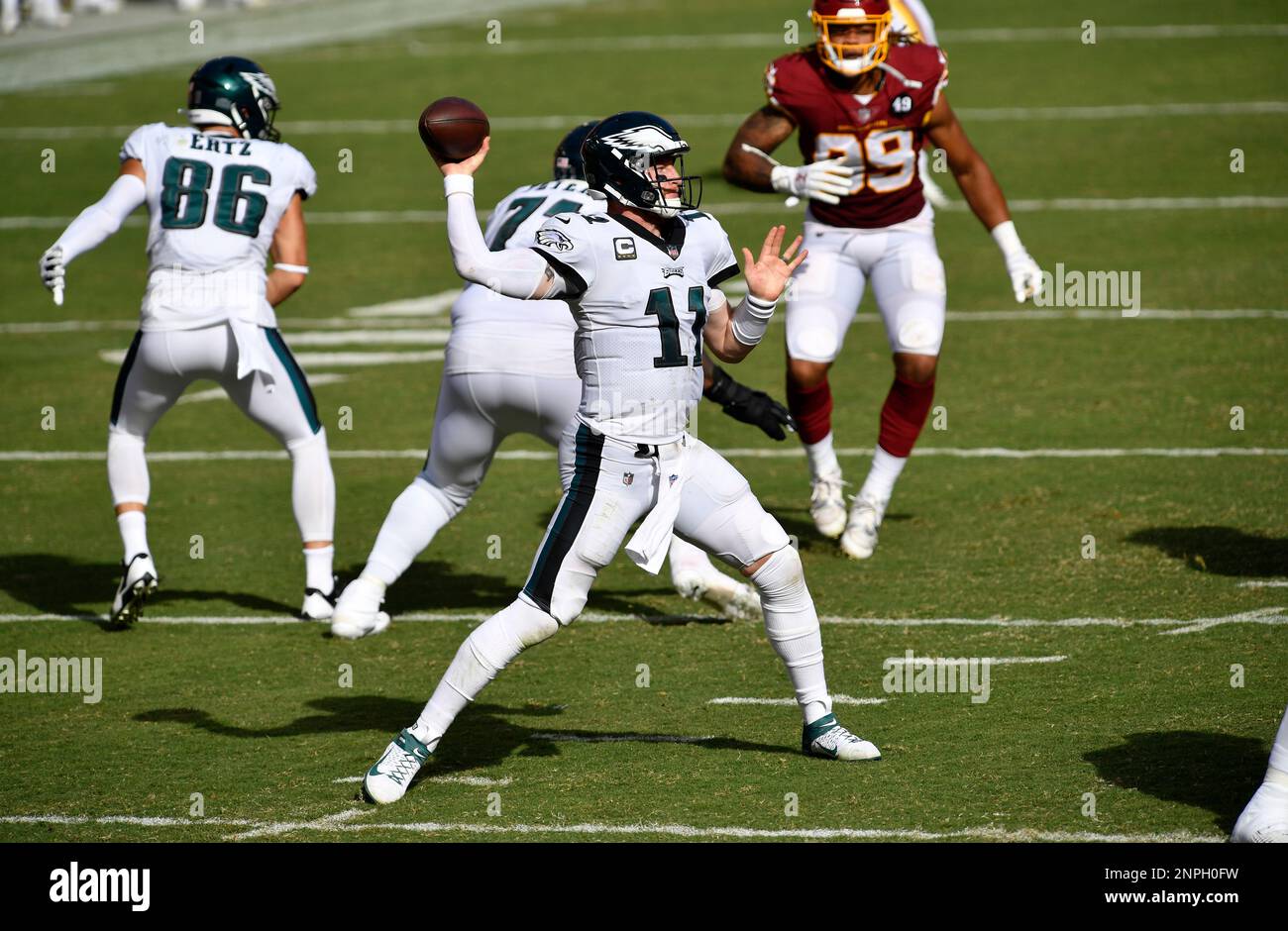 LANDOVER, MD - SEPTEMBER 13: Eagles offensive coordinator Mike Groh coaches  from the sideline during the Philadelphia Eagles vs. Washington Football  Team NFL game at FedEx Field on September 13, 2020 in