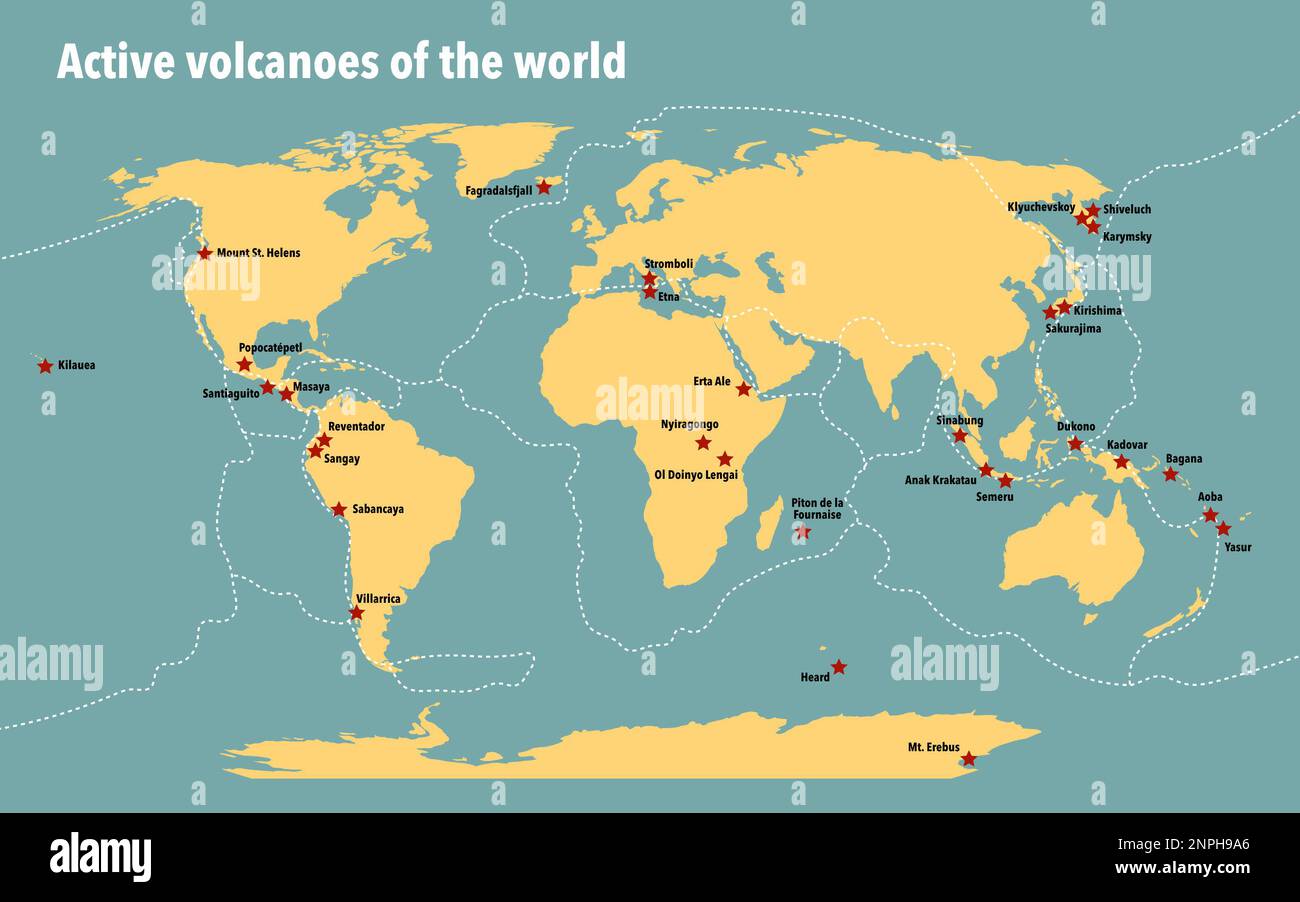 Map with the major active volcanoes in the world Stock Photo