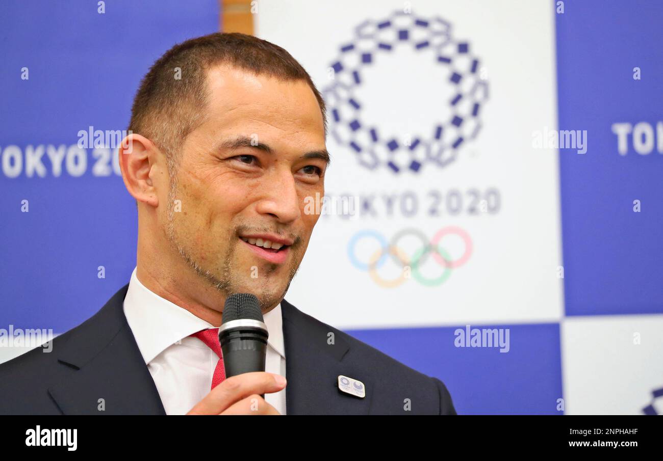 Former Japanese-Romanian hammer thrower and Olympic gold medalist Koji  Murofushi speaks to mediain Tokyo on Sep. 11, 2020. Murofushi will assume a  commissioner of Japan Sport Agency after Daichi Suzuki on Oct.