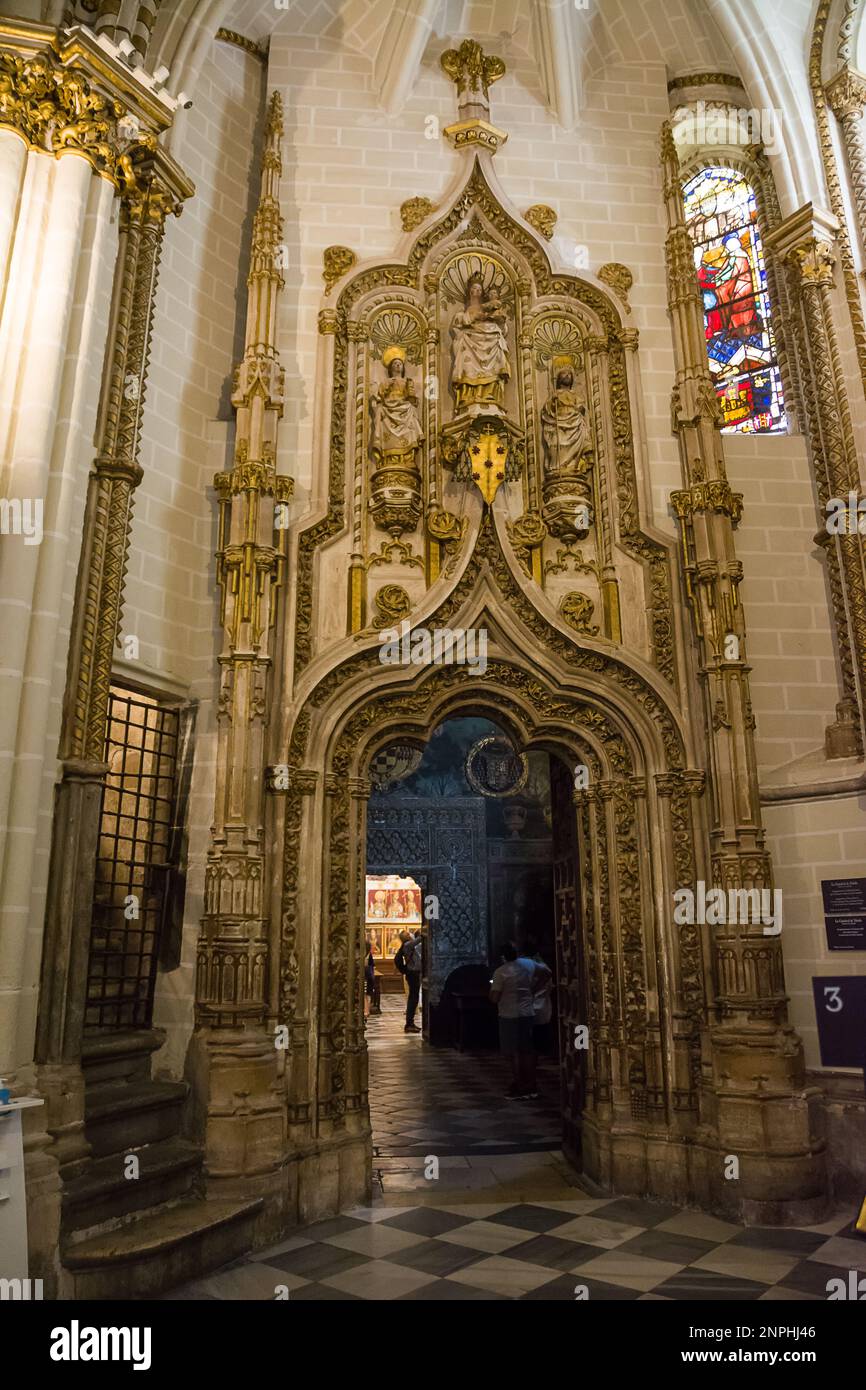Mudejar style mixtures in the entrance gate to the Sala de la Trinidad in Toledo Cathedral, Spain. Stock Photo