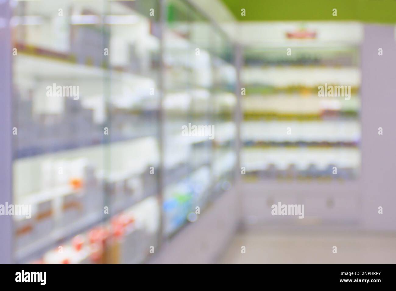 Health care product on shelves in the pharmacy store blur background