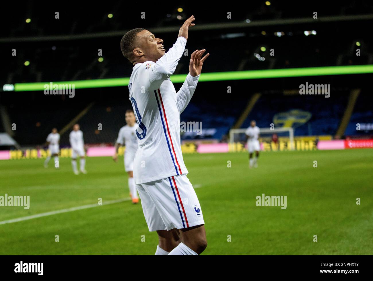 France's Kylian Mbappe celebrates his scoring a goal during the UEFA
