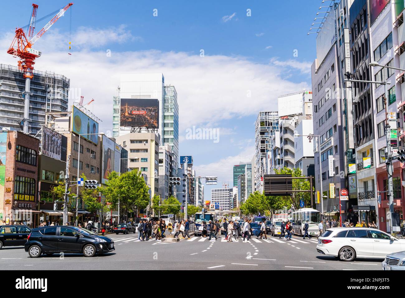 People crossing Aoyama dori street at the busy inter-section with Omotesando in Tokyo on a springtime day with with a blue sky and white clouds. Stock Photo