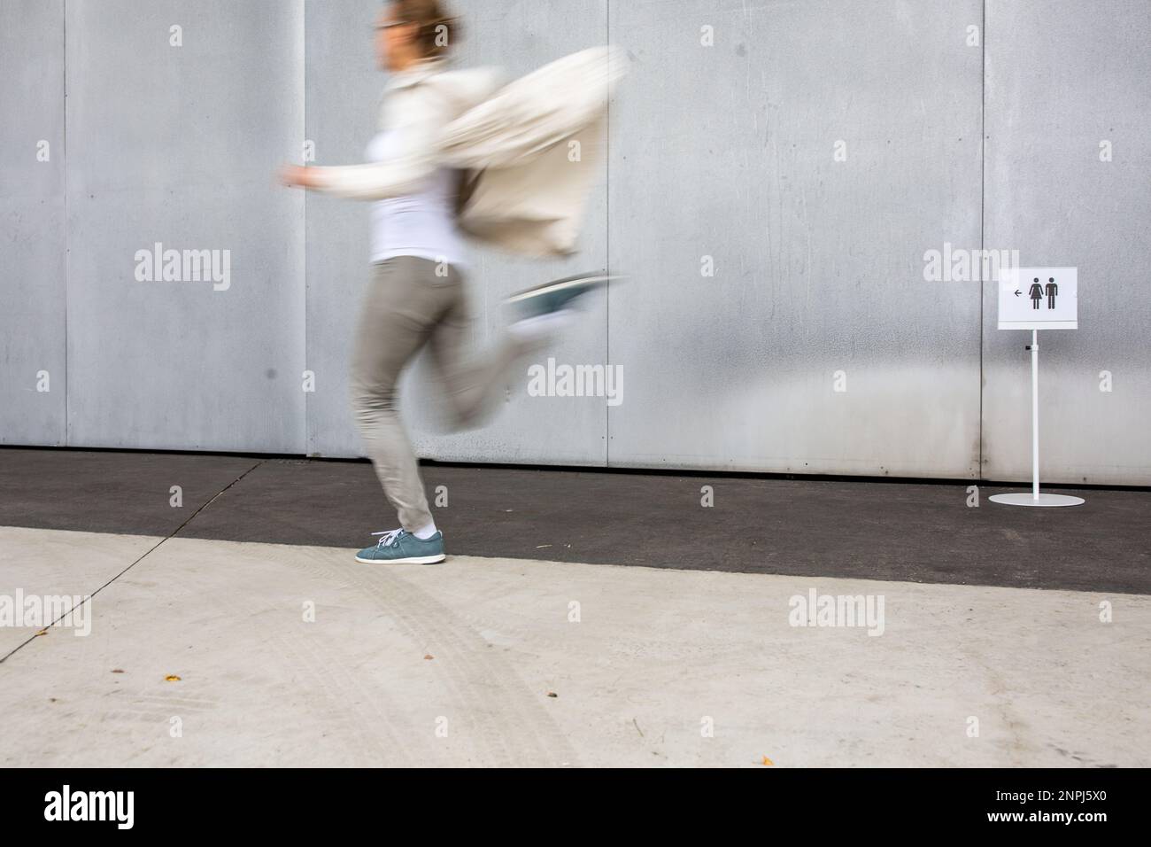 Woman rushing to a bathroom, toilet, hygiene, restroom. WC urgency ...