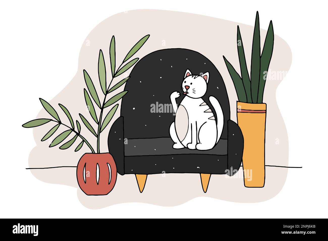 Doodle Cat on the couch. Hand-drawn pet in a cozy interior with plants in a pot. White striped animal licks its paw at home. Line kitten sits washes Stock Vector