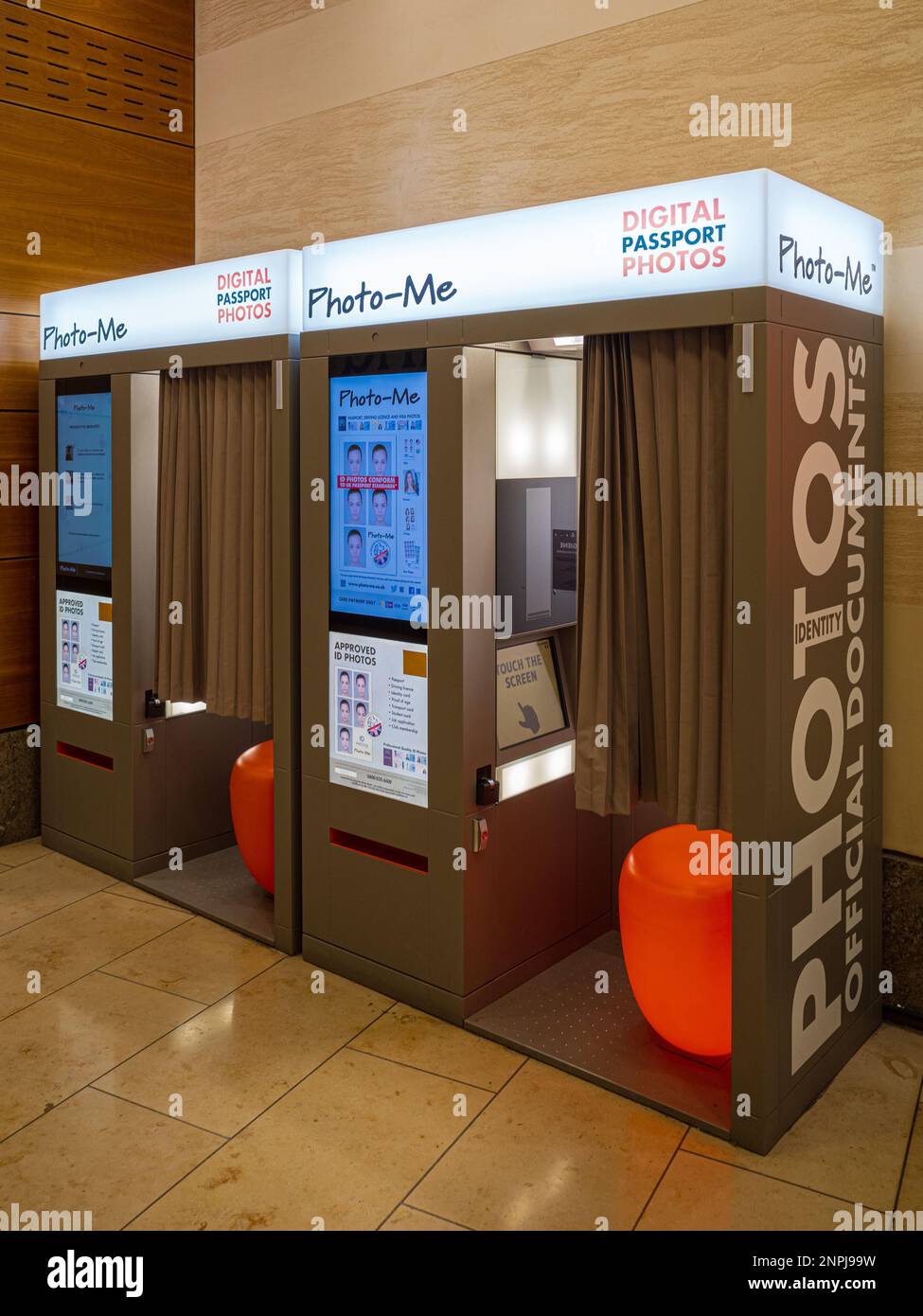 Photo-Me Booths in a shopping centre. Photo Me automatic photo booth. Photo-Me is part of the ME Group International. Stock Photo