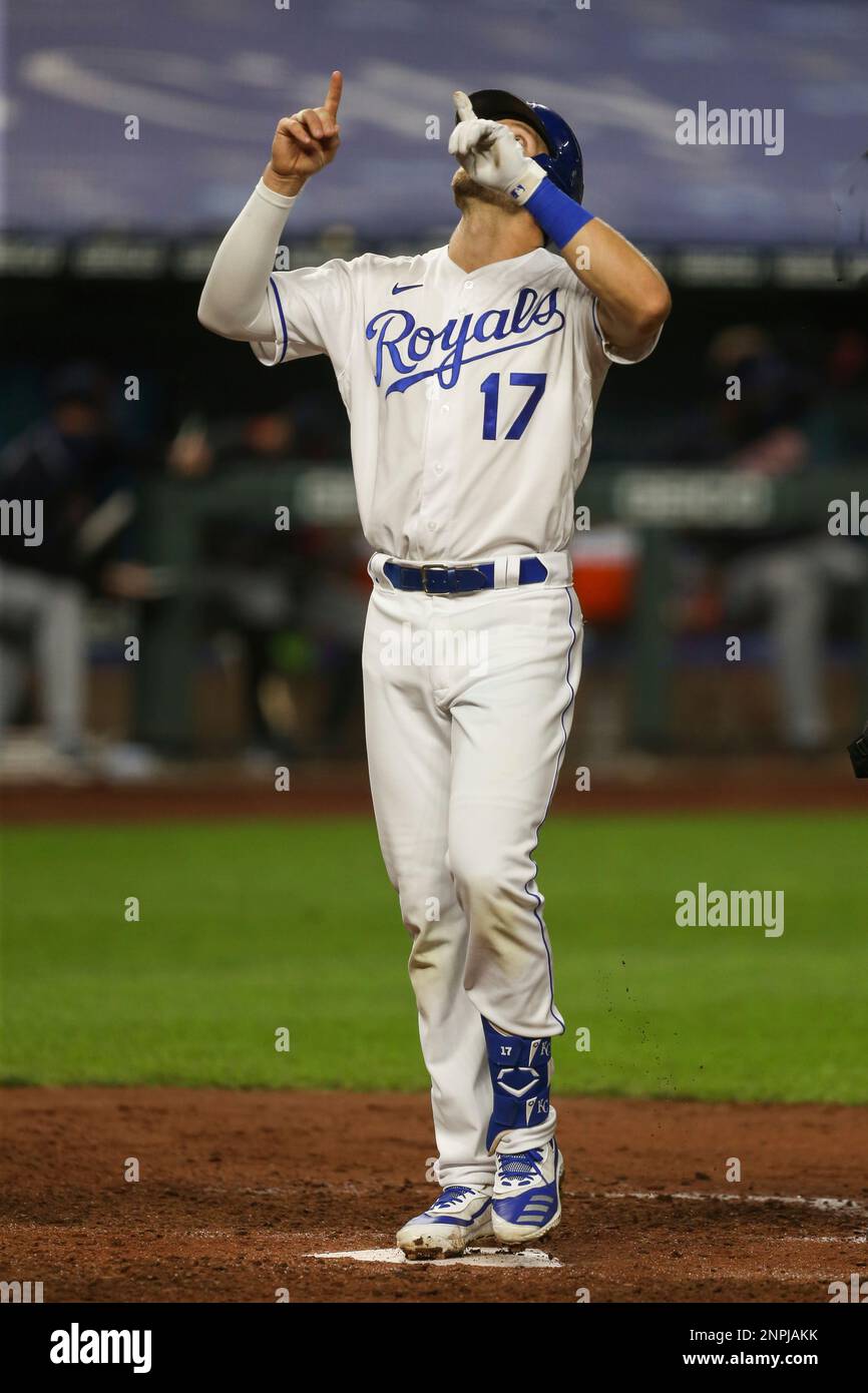 Kansas City Royals third baseman Hunter Dozier (17) reacts after a home run  during a spring training game against the Cleveland Indians, Sunday, March  Stock Photo - Alamy