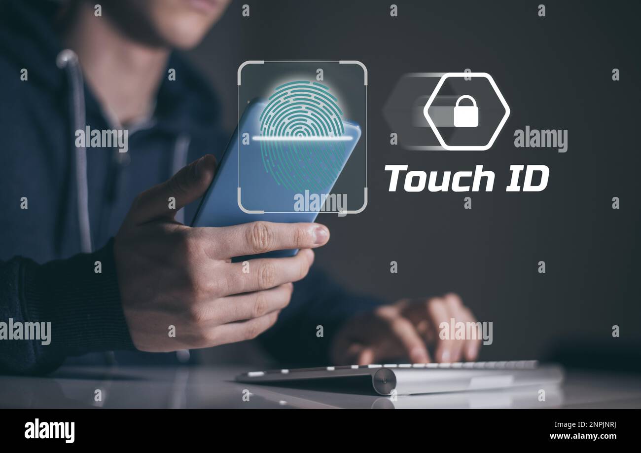 Teenager scan fingerprint to unlock the smartphone. technology